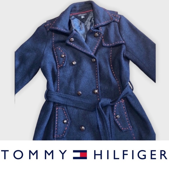 Tommy Hilfiger Wool Blend Navy & Red Stitched Great Quality Winter Peacoat - Picture 10 of 15